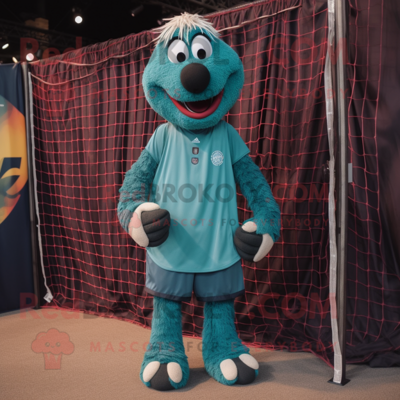 Teal Volleyball Net mascot costume character dressed with a Corduroy Pants and Necklaces