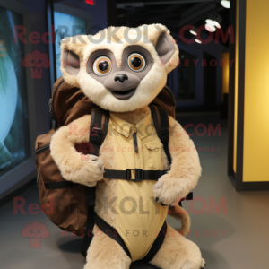 Beige Lemur mascot costume character dressed with a Bodysuit and Backpacks