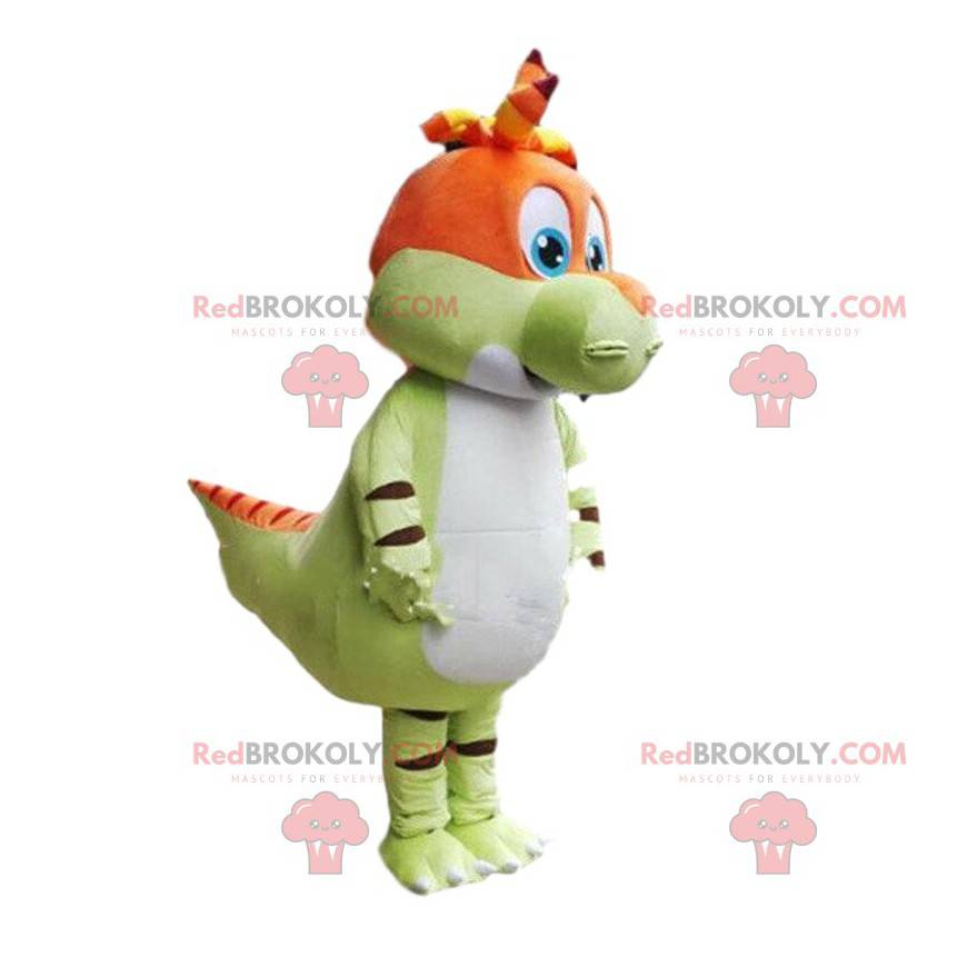 Groen en wit dinosaurus mascotte, schattig drakenkostuum -