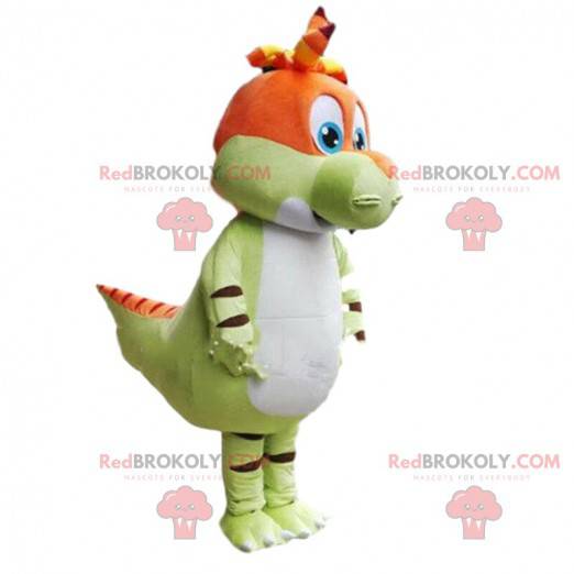 Grünes und weißes Dinosauriermaskottchen, niedliches