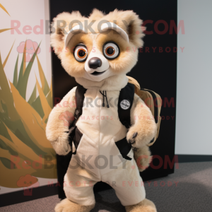 Beige Lemur mascot costume character dressed with a Bodysuit and Backpacks
