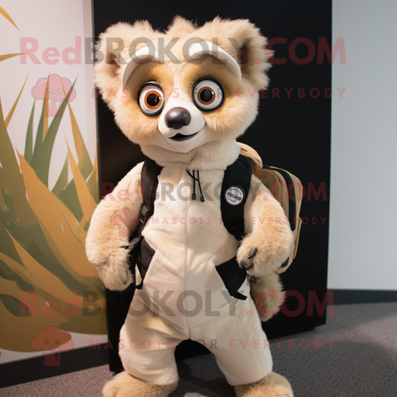 Beige Lemur mascot costume character dressed with a Bodysuit and Backpacks Beige Lemur mascot costume character dressed with a Bodysuit and Backpacks