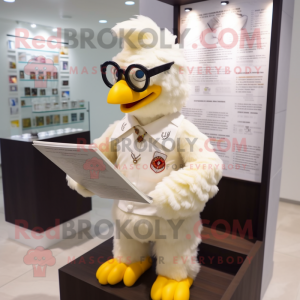 Cream Chicken mascot costume character dressed with a Romper and Reading glasses