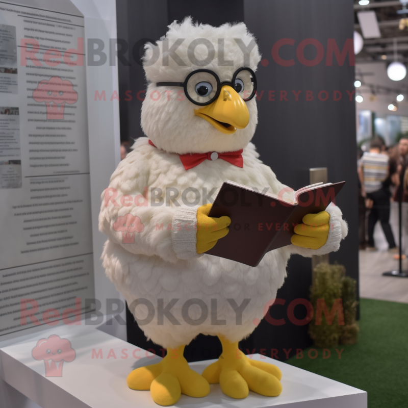 Cream Chicken mascot costume character dressed with a Romper and Reading glasses Cream Chicken mascot costume character dressed with a Romper and Reading glasses