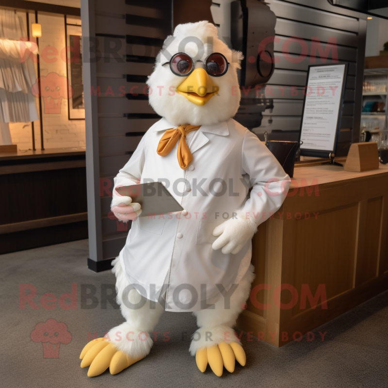 Cream Chicken mascot costume character dressed with a Romper and Reading glasses Cream Chicken mascot costume character dressed with a Romper and Reading glasses