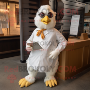 Cream Chicken mascot costume character dressed with a Romper and Reading glasses