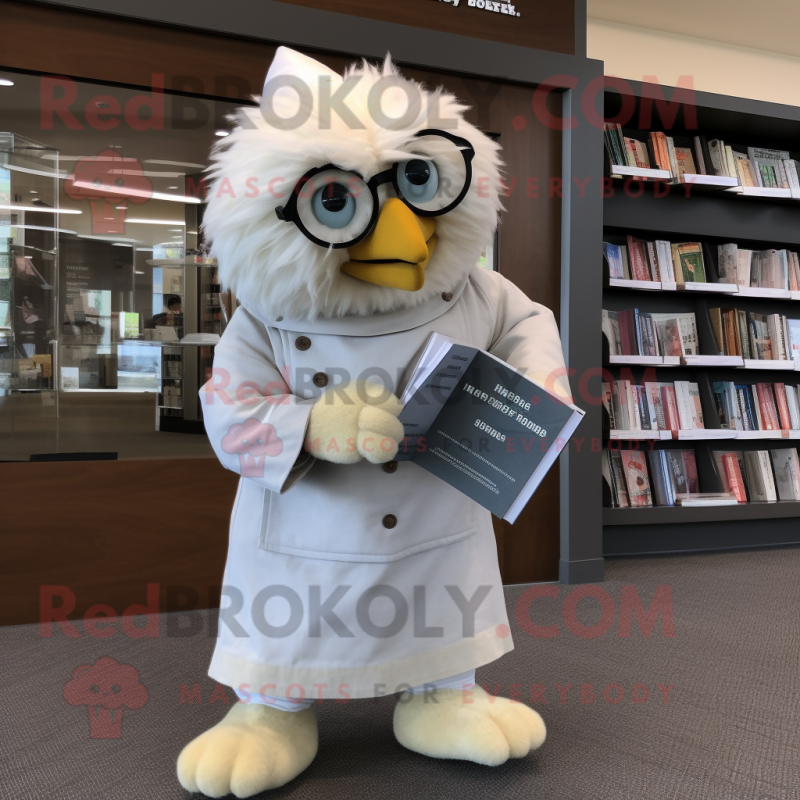 Cream Chicken mascot costume character dressed with a Romper and Reading glasses