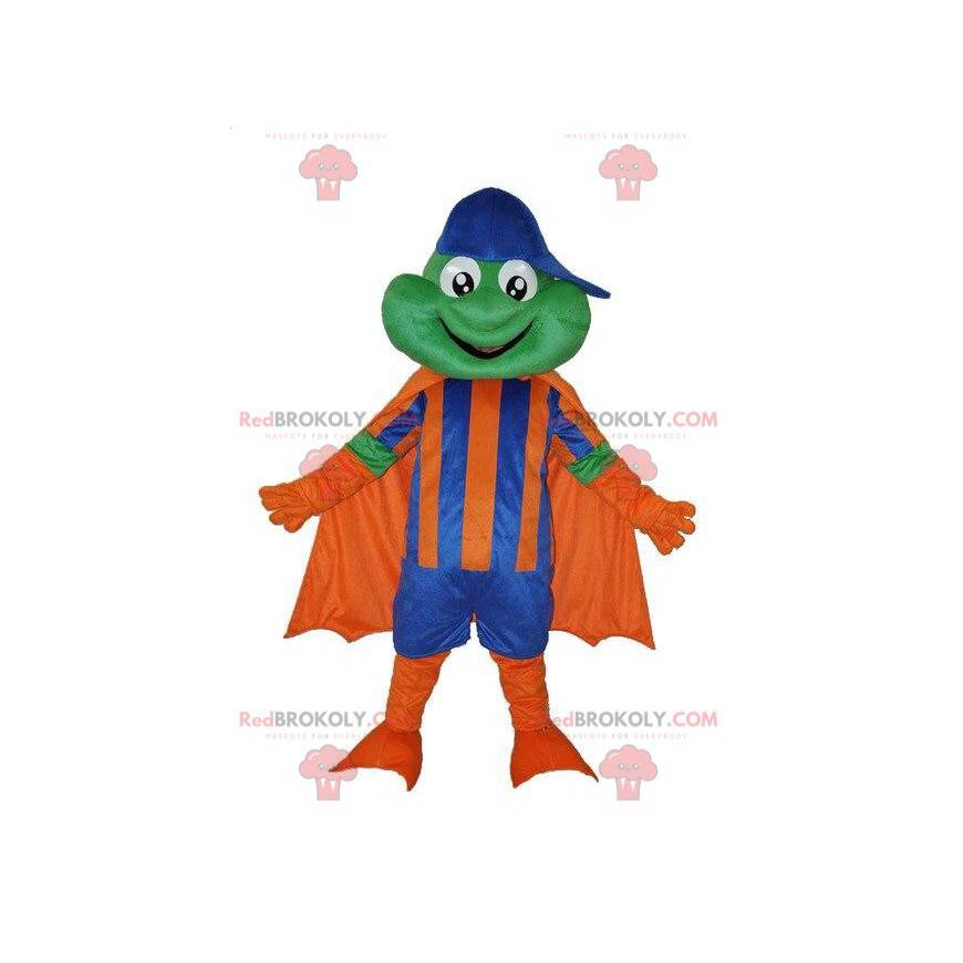 Kikker mascotte in superheld outfit, heldenkostuum -