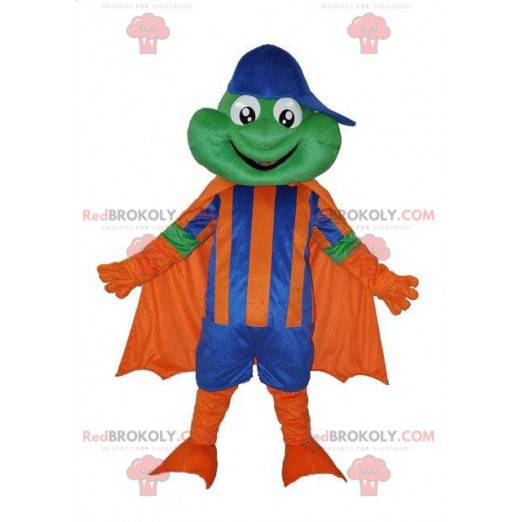 Kikker mascotte in superheld outfit, heldenkostuum -