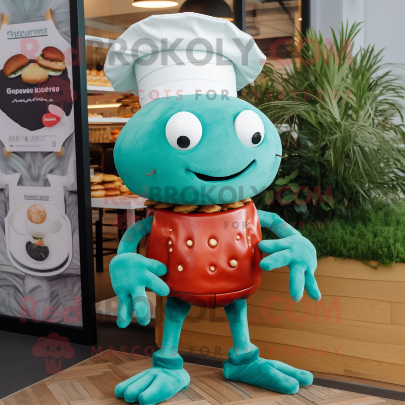 Turquoise Crab Cakes mascot costume character dressed with a Playsuit and Berets