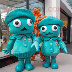 Turquoise Crab Cakes mascot costume character dressed with a Playsuit and Berets