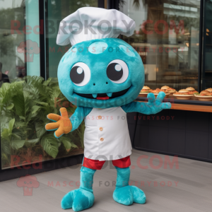 Turquoise Crab Cakes mascot costume character dressed with a Playsuit and Berets