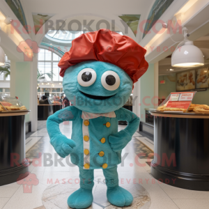 Turquoise Crab Cakes mascot costume character dressed with a Playsuit and Berets