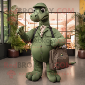 Forest Green Diplodocus mascot costume character dressed with a Cargo Pants and Messenger bags