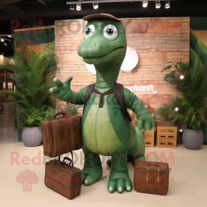 Forest Green Diplodocus mascot costume character dressed with a Cargo Pants and Messenger bags