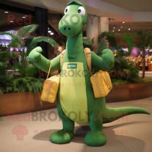 Forest Green Diplodocus mascot costume character dressed with a Cargo Pants and Messenger bags