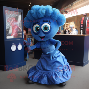 Blue Contortionist mascot costume character dressed with a Skirt and Earrings