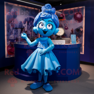 Blue Contortionist mascot costume character dressed with a Skirt and Earrings