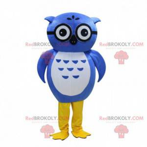Mascota búho azul con gafas, disfraz de pájaro azul -