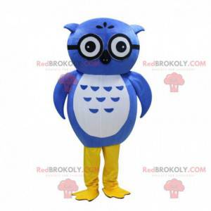 Mascotte blauwe uil met bril, blauw vogelkostuum -