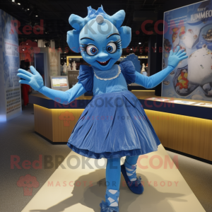 Blue Contortionist mascot costume character dressed with a Skirt and Earrings