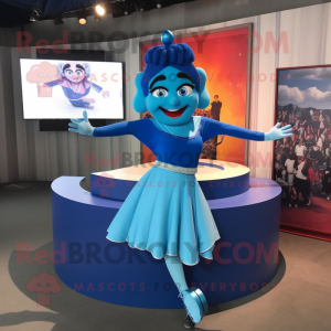 Blue Contortionist mascot costume character dressed with a Skirt and Earrings
