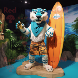 Turquoise Saber-Toothed Tiger mascot costume character dressed with a Board Shorts and Anklets