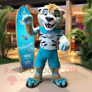 Turquoise Saber-Toothed Tiger mascot costume character dressed with a Board Shorts and Anklets