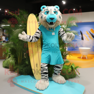 Turquoise Saber-Toothed Tiger mascot costume character dressed with a Board Shorts and Anklets