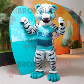 Turquoise Saber-Toothed Tiger mascot costume character dressed with a Board Shorts and Anklets