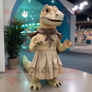Tan Iguanodon mascot costume character dressed with a Wrap Skirt and Coin purses
