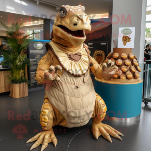 Tan Iguanodon mascot costume character dressed with a Wrap Skirt and Coin purses