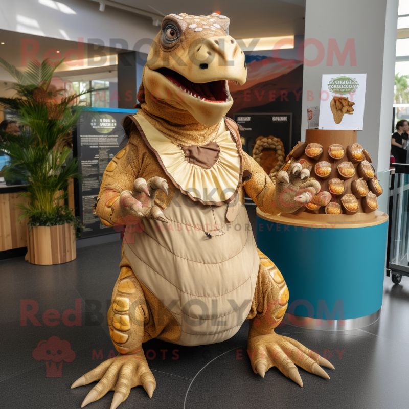 Tan Iguanodon mascot costume character dressed with a Wrap Skirt and Coin purses Tan Iguanodon mascot costume character dressed with a Wrap Skirt and Coin purses