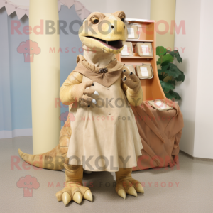 Tan Iguanodon mascot costume character dressed with a Wrap Skirt and Coin purses