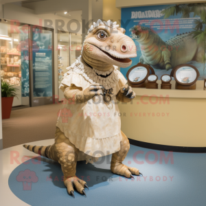 Tan Iguanodon mascot costume character dressed with a Wrap Skirt and Coin purses