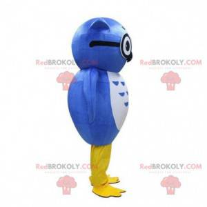 Mascotte blauwe uil met bril, blauw vogelkostuum -