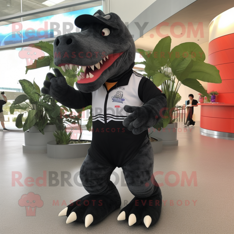 Black Tyrannosaurus mascot costume character dressed with a Bermuda Shorts and Shoe clips