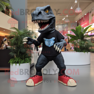 Black Tyrannosaurus mascot costume character dressed with a Bermuda Shorts and Shoe clips
