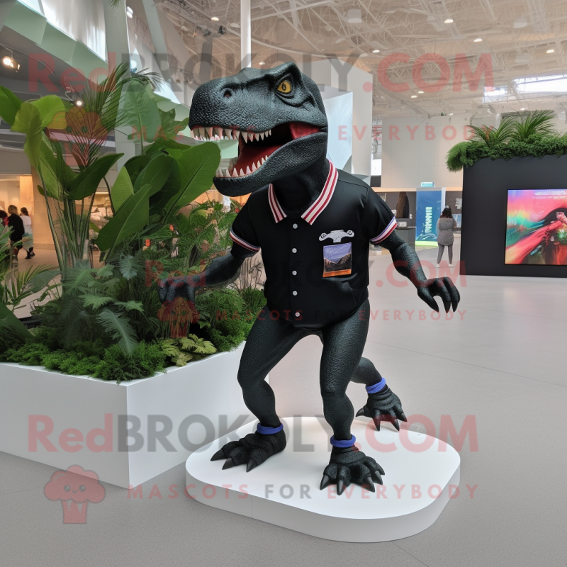 Black Tyrannosaurus mascot costume character dressed with a Bermuda Shorts and Shoe clips