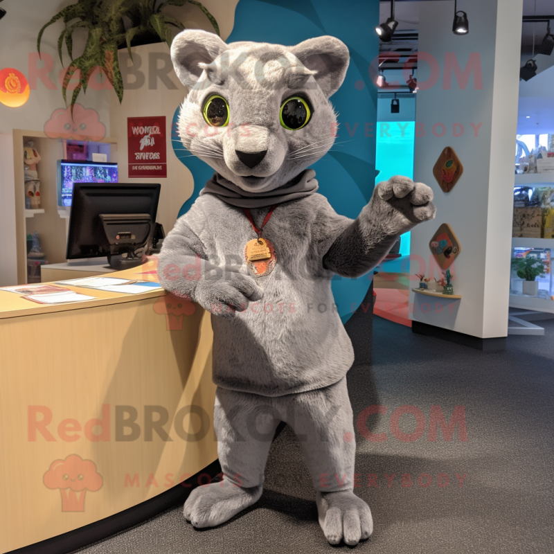 Silver Jaguarundi mascot costume character dressed with a Blouse and Foot pads Silver Jaguarundi mascot costume character dressed with a Blouse and Foot pads
