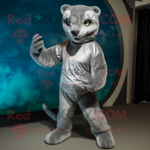 Silver Jaguarundi mascot costume character dressed with a Blouse and Foot pads