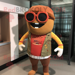 Rust Hamburger mascot costume character dressed with a Cardigan and Sunglasses