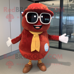 Rust Hamburger mascot costume character dressed with a Cardigan and Sunglasses