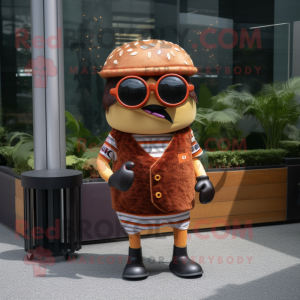 Rust Hamburger mascot costume character dressed with a Cardigan and Sunglasses
