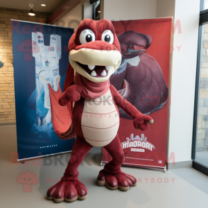 Maroon Hydra mascot costume character dressed with a Board Shorts and Scarves