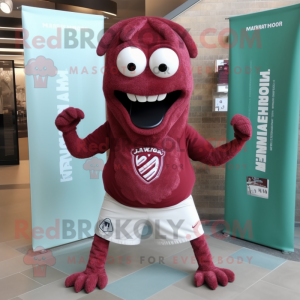 Maroon Hydra mascot costume character dressed with a Board Shorts and Scarves