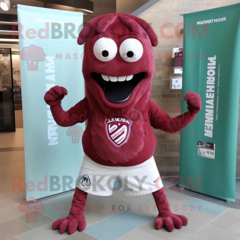 Maroon Hydra mascot costume character dressed with a Board Shorts and Scarves Maroon Hydra mascot costume character dressed with a Board Shorts and Scarves