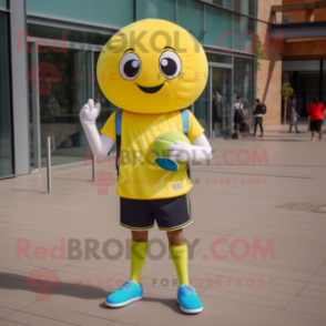 Lemon Yellow Volleyball Ball mascot costume character dressed with a Jeggings and Beanies