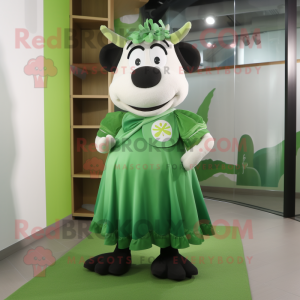 Green Cow mascot costume character dressed with a Pleated Skirt and Belts