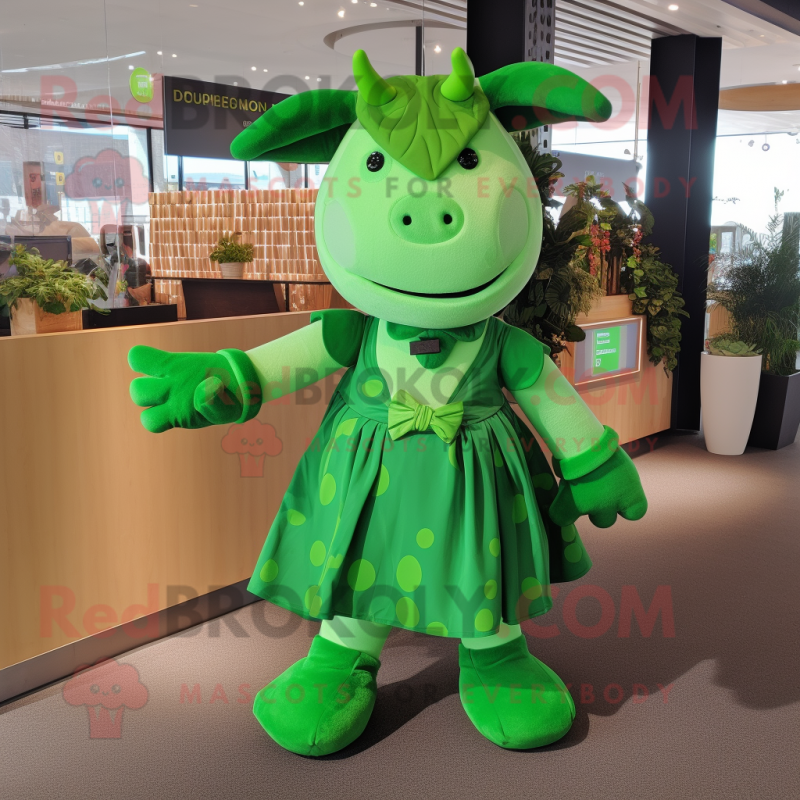 Green Cow mascot costume character dressed with a Pleated Skirt and Belts Green Cow mascot costume character dressed with a Pleated Skirt and Belts